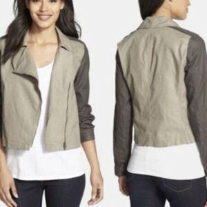 Eileen Fisher Linen Moto Jacket Asymmetrical Zip Two Tone Tan Brown Size Small